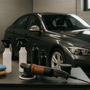 Professional car detailing course image showing tools, polishing equipment and a clean vehicle workspace.