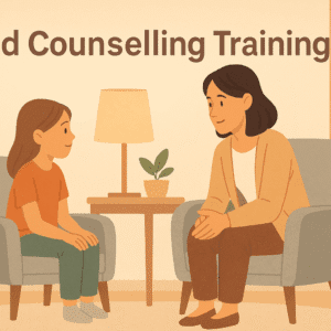 Child counselling training scene showing counsellor and child talking in a calm, supportive room.