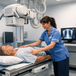 Radiographer performing clinical radiography training in a modern hospital X-ray imaging room