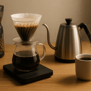 Modern coffee brewing setup with pour-over tools, grinder, fresh beans, and hot kettle showcasing coffee brewing techniques.