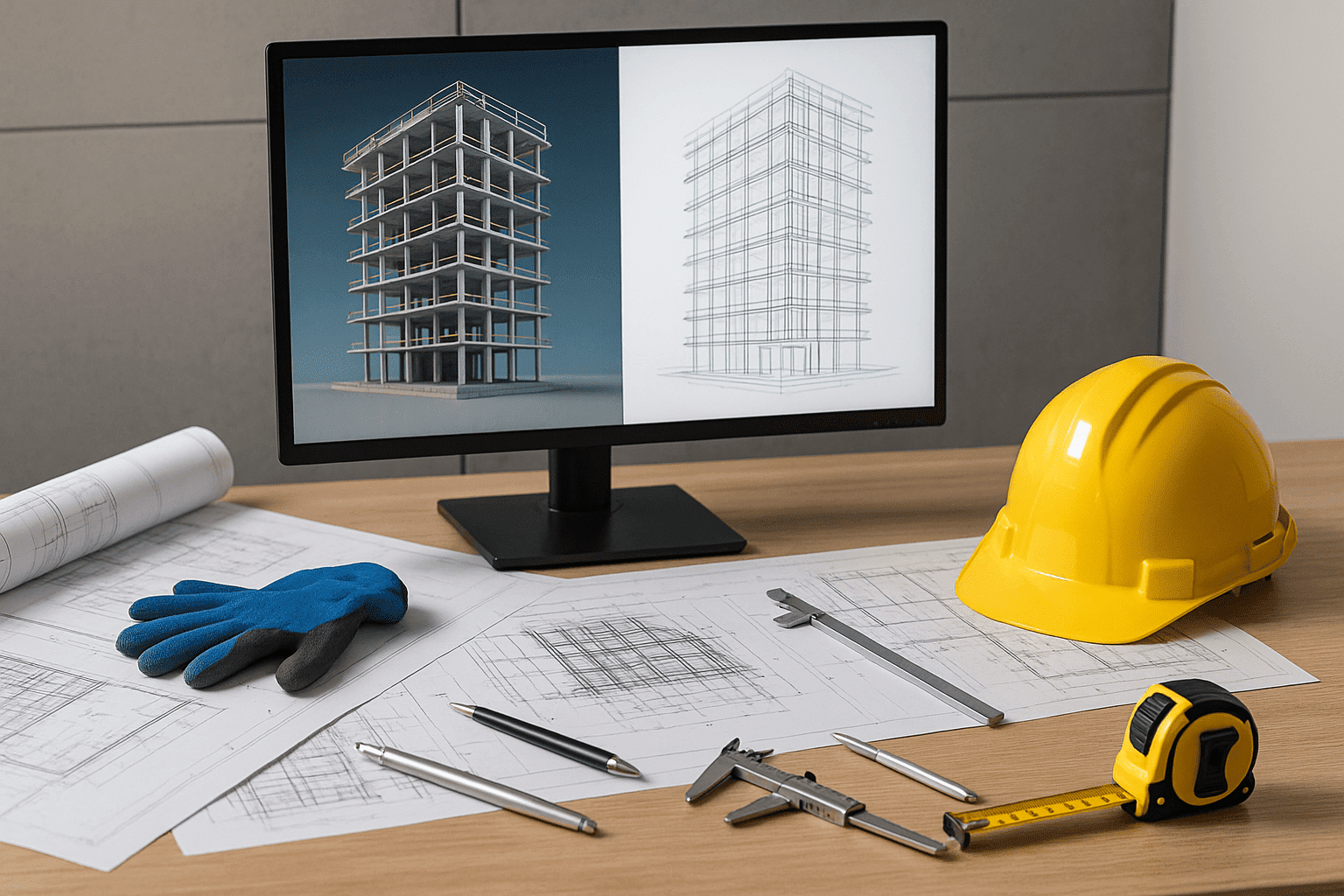 Construction engineering diploma training scene with blueprints, tools, PPE and digital structural models.