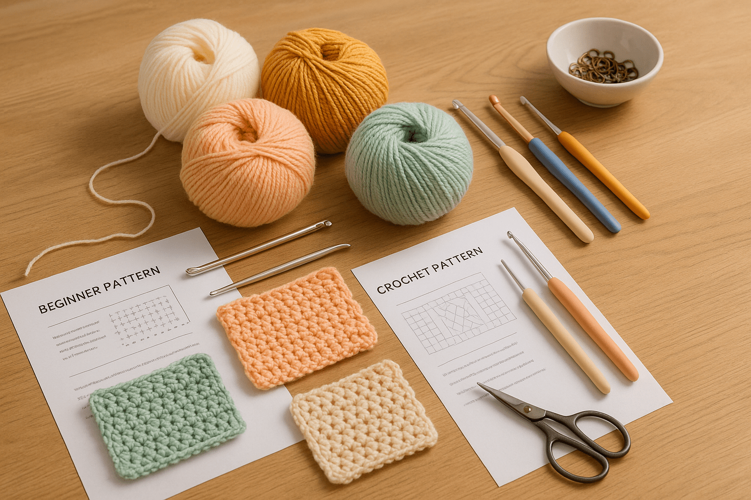 Crochet course beginner banner showing yarn, hooks, patterns and a tidy craft table.