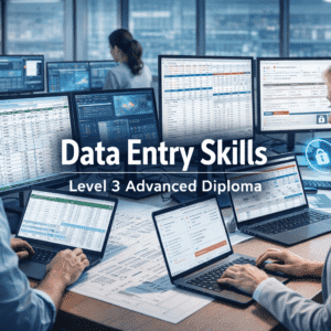 Data entry skills training showing spreadsheets, databases and professionals inputting and validating business data