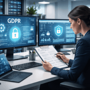 Data Protection Officer Level 3 training showing a compliance professional reviewing GDPR and data security systems