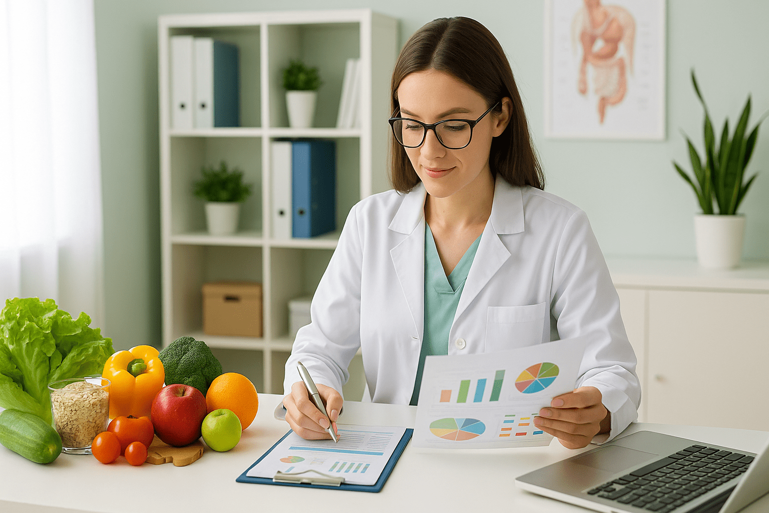 Healthcare dietitian reviewing nutrition plans with fresh foods and charts, representing the dietetics course.