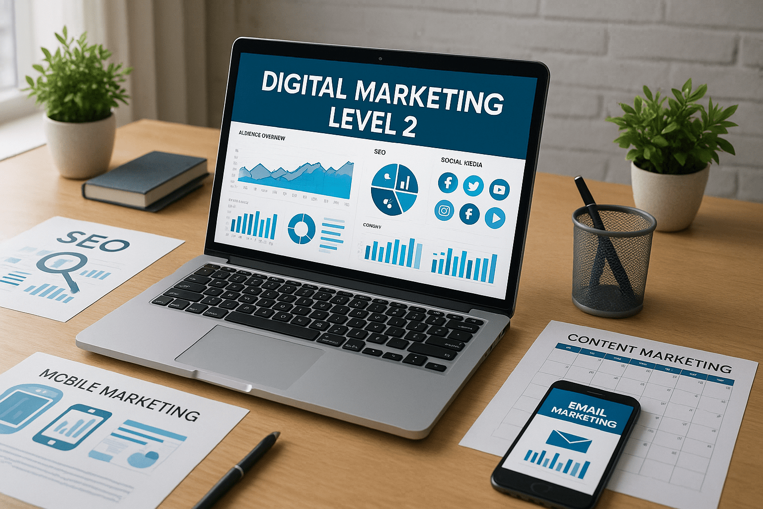 Digital marketing course Level 2 workspace with laptop, dashboards and analytics tools.