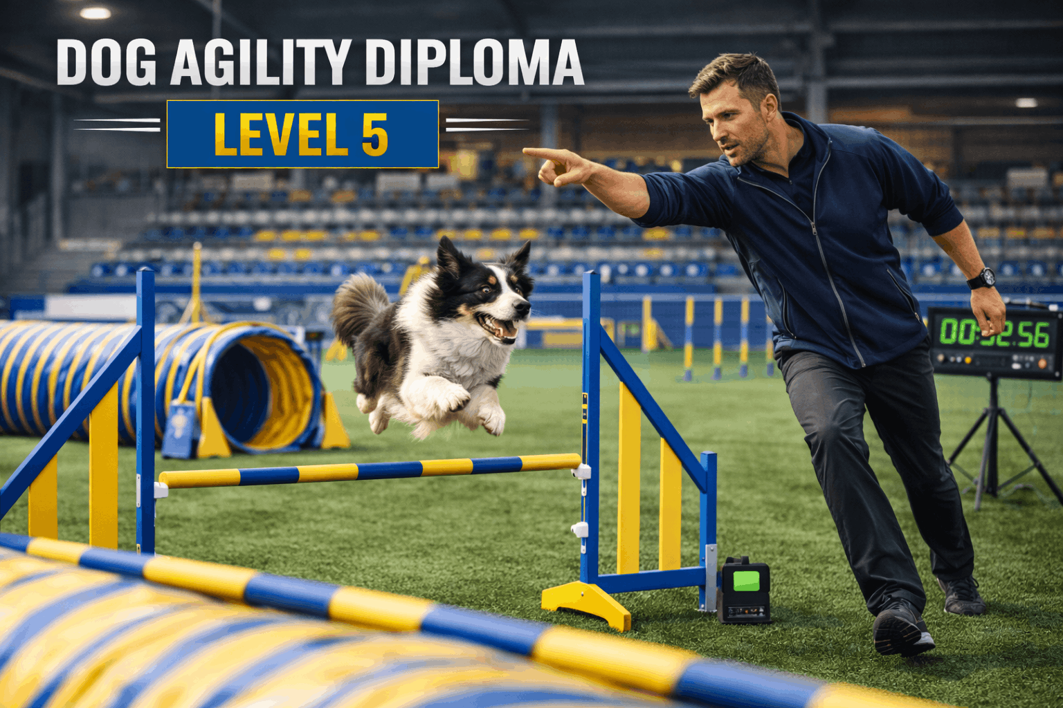 Trainer guiding a dog through obstacles for dog agility diploma