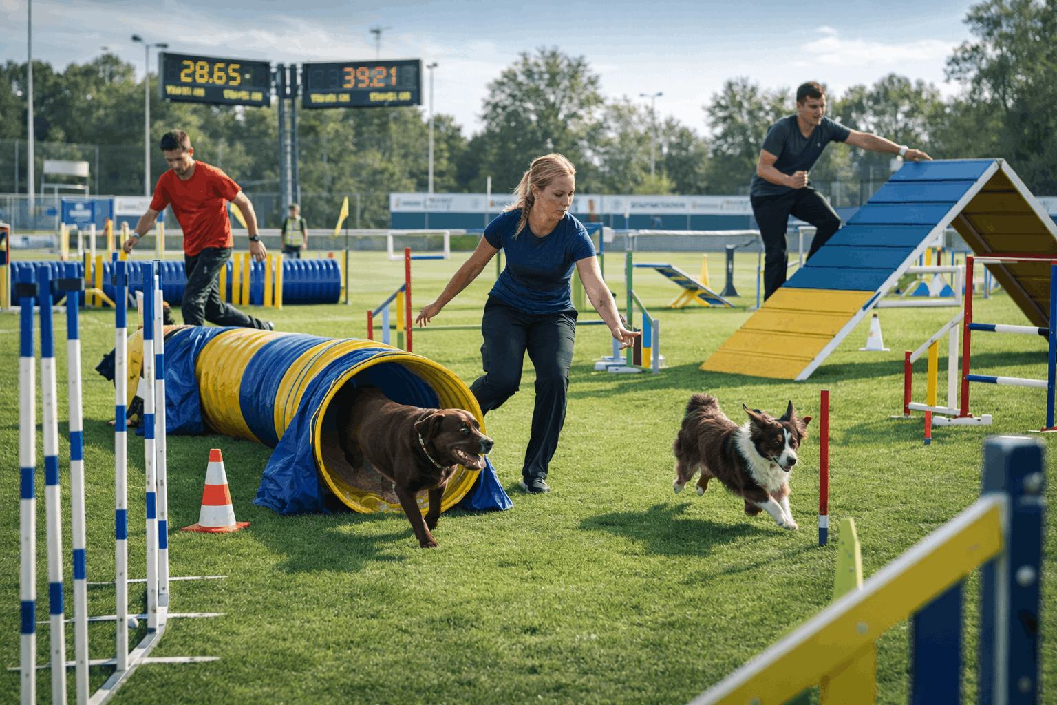Dog Agility Training students guiding dogs through jumps, tunnels and weave poles on a professional outdoor agility course
