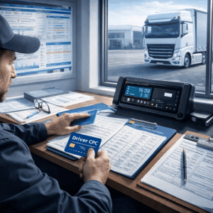 Driver CPC Compliance training showing professional lorry driver using digital tachograph and compliance system