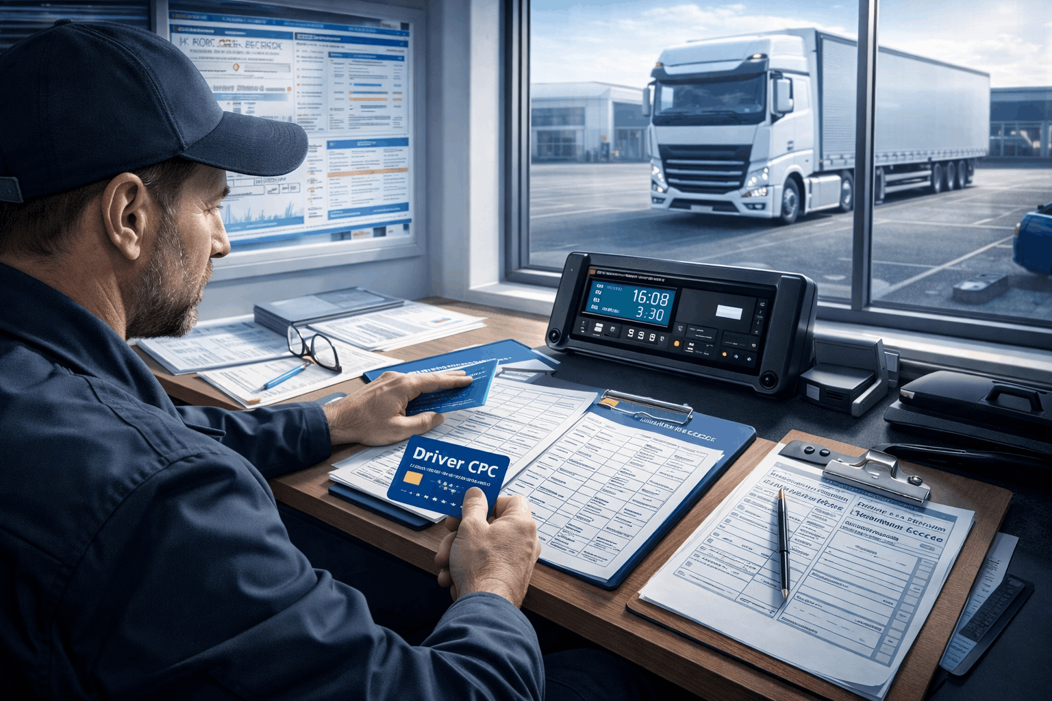 Driver CPC Compliance training showing professional lorry driver using digital tachograph and compliance system