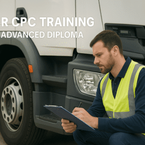 Driver CPC Training course image showing a professional driver inspecting a lorry during safety checks.