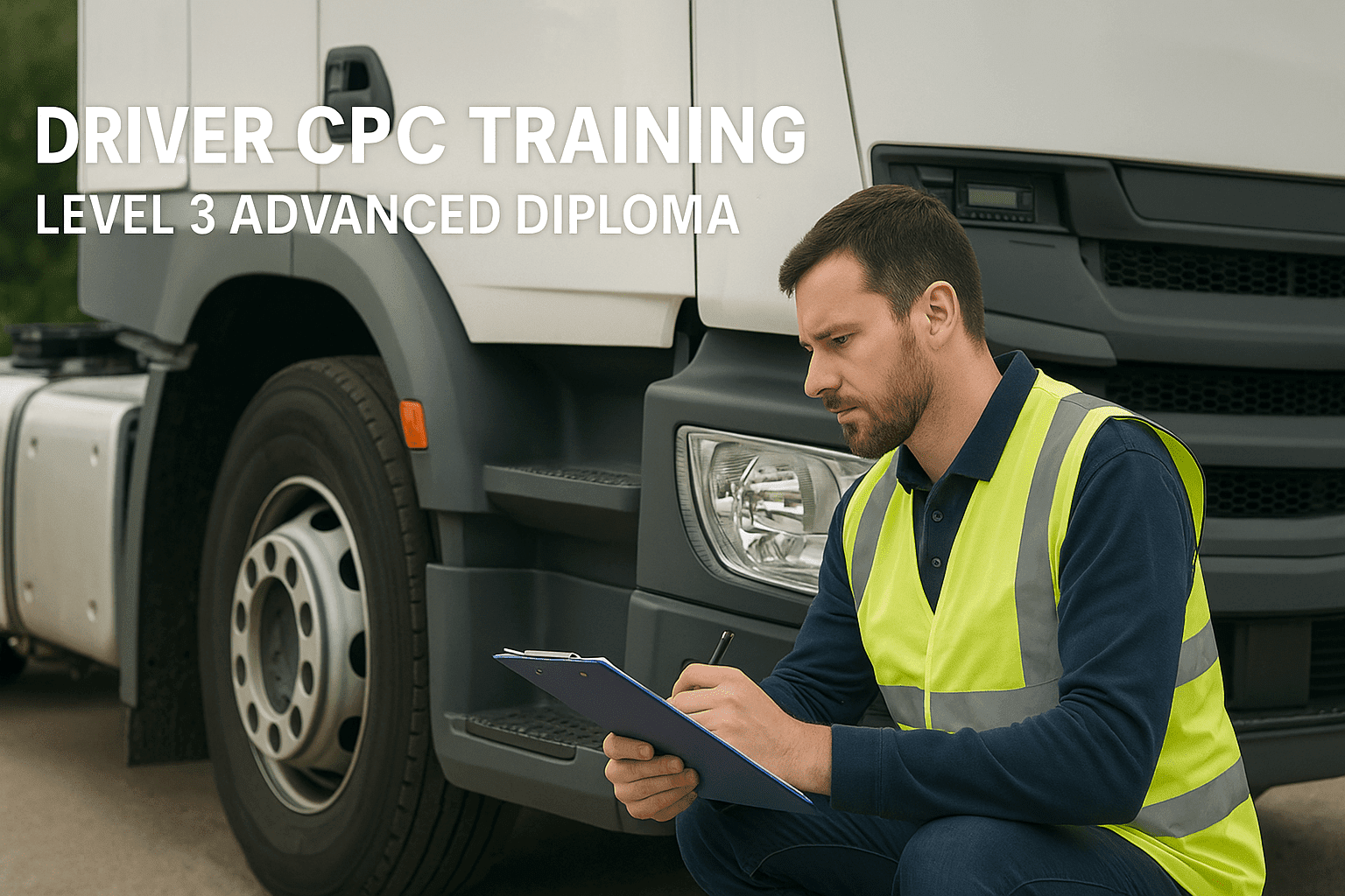 Driver CPC Training course image showing a professional driver inspecting a lorry during safety checks.