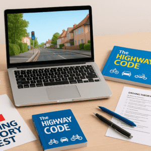 Driving theory test preparation scene with traffic signs, Highway Code book, test papers and learning tools.