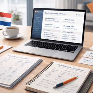 Beginner-friendly Dutch for beginners course showing basic vocabulary, pronunciation practice, and simple conversations.