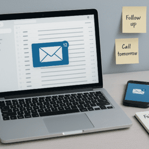 Email response strategies diploma cover showing laptop, inbox screen, follow-up notes, and organised communication tools.