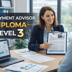 Employment advisor supporting a client in an office for an employment advisor diploma Level 3 course