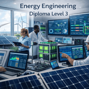 Engineering managers reviewing project plans and dashboards in a modern office for the Engineering Management Diploma Level 5