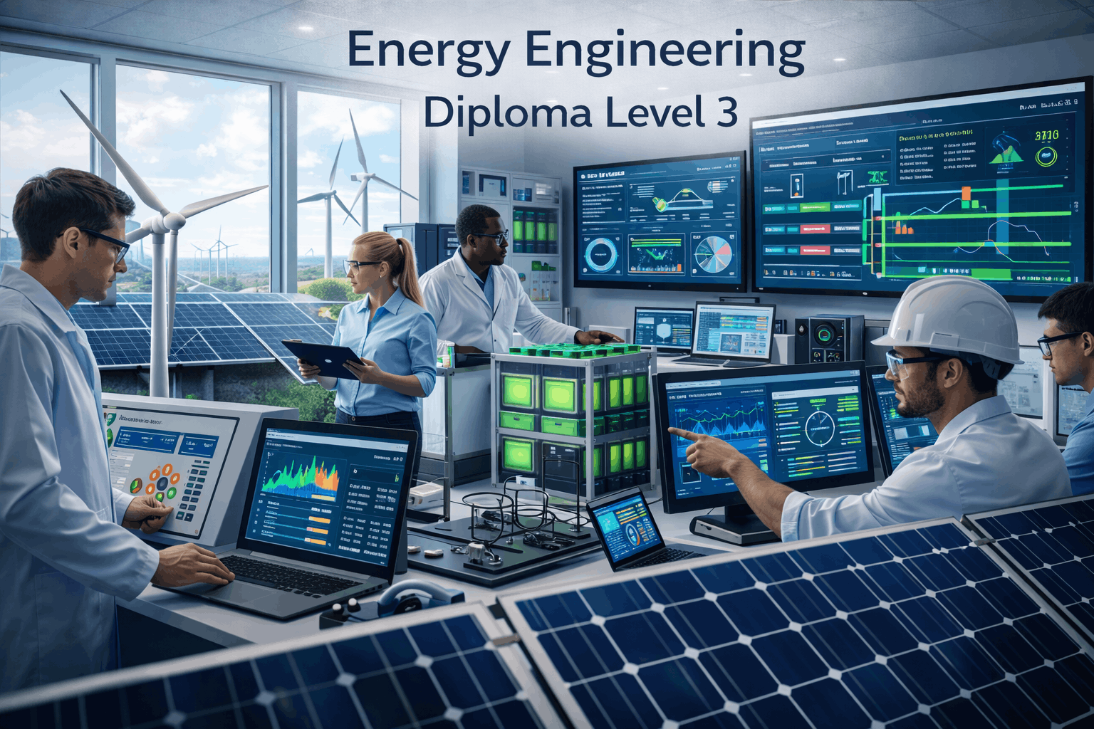 Engineering managers reviewing project plans and dashboards in a modern office for the Engineering Management Diploma Level 5