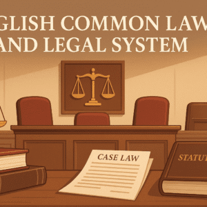 English common law course image showing court, judges, statutes and case law elements.