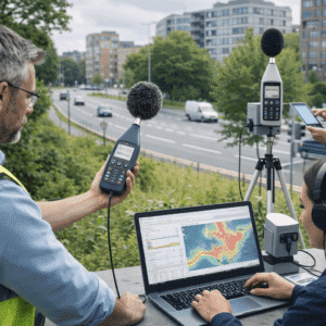 Environmental Acoustics Diploma training showing sound measurement, noise mapping and environmental monitoring equipment