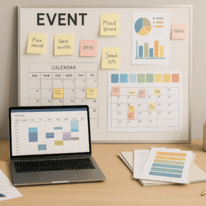 Event management course image showing event planning tools, schedule board, and organised workspace.