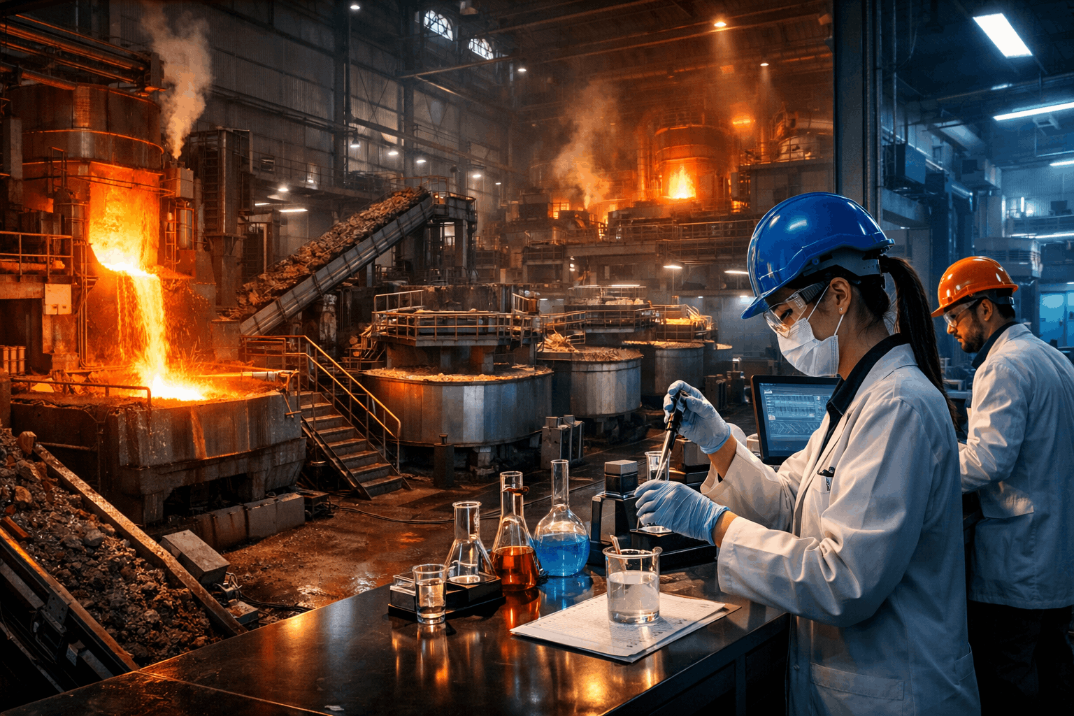 Extractive Metallurgy Diploma showing industrial furnace, ore processing and metallurgical engineering laboratory environment