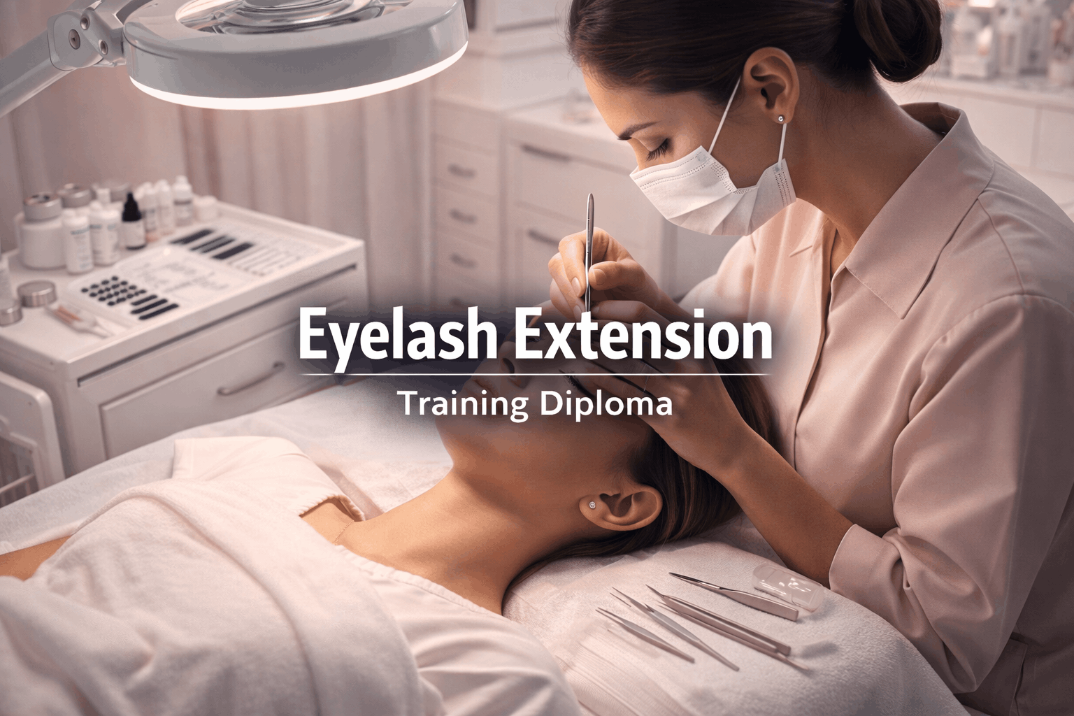 Eyelash extension training showing lash application, tweezers, beauty tools and professional client treatment