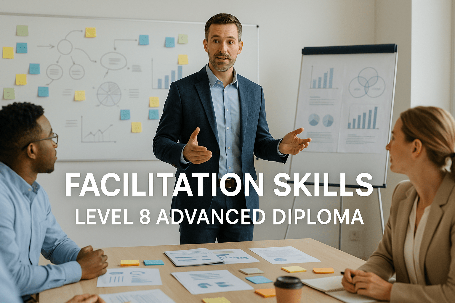 Facilitation skills diploma banner showing a modern training room, group planning tools, and a facilitator leading discussion.