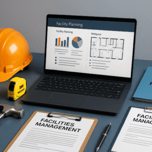 Professional facilities management workspace with laptop, planning tools, and FM resources for a fundamentals course.