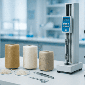 Fiber science technology course image showing lab tools, fibers, microscopes, and testing equipment in a clean research setting.