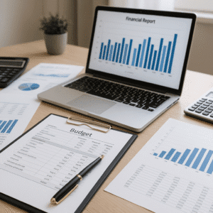 A modern workspace showing charts, laptops, and budgeting tools for finance for non finance training.