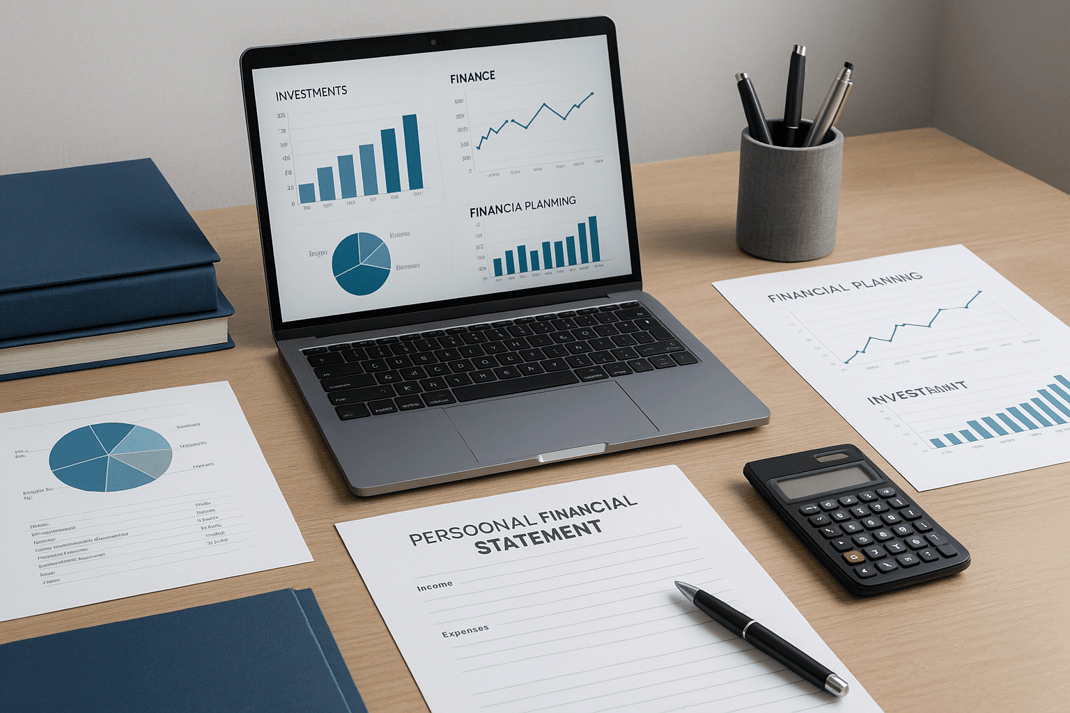 Professional workspace scene showing financial advisory training tools, charts, and documents.