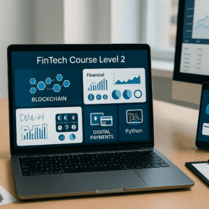 FinTech course Level 2 workspace with digital finance dashboards and financial technology tools.