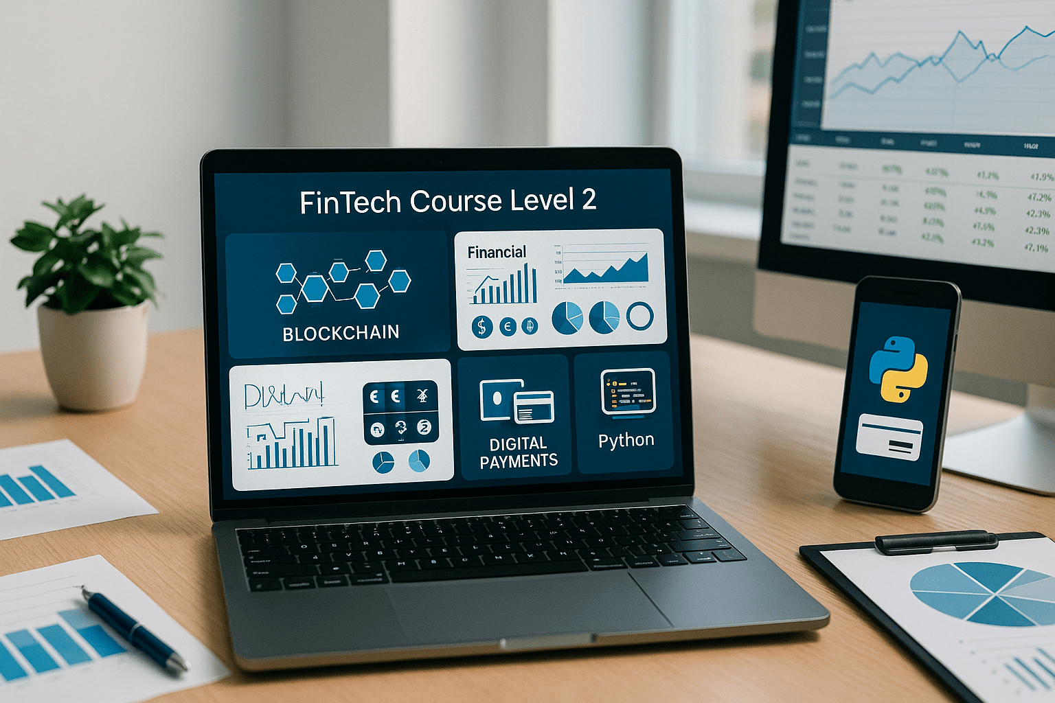 FinTech course Level 2 workspace with digital finance dashboards and financial technology tools.
