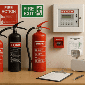 Fire marshal training scene showing safety equipment, alarms, extinguishers, and workplace fire procedures.