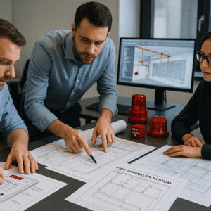 Engineers reviewing fire safety plans, alarms, and suppression system diagrams for fire protection engineering Level 3 training.