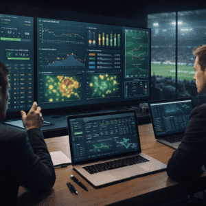 Professional football environment showing football data analytics dashboards, match statistics, and performance analysis tools.