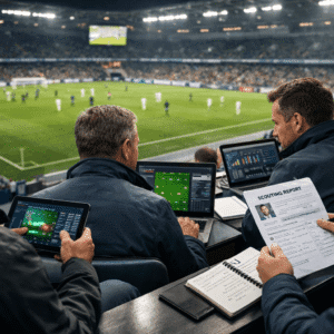 Professional football scouts analysing player performance using data tools as part of football scouting essentials training.