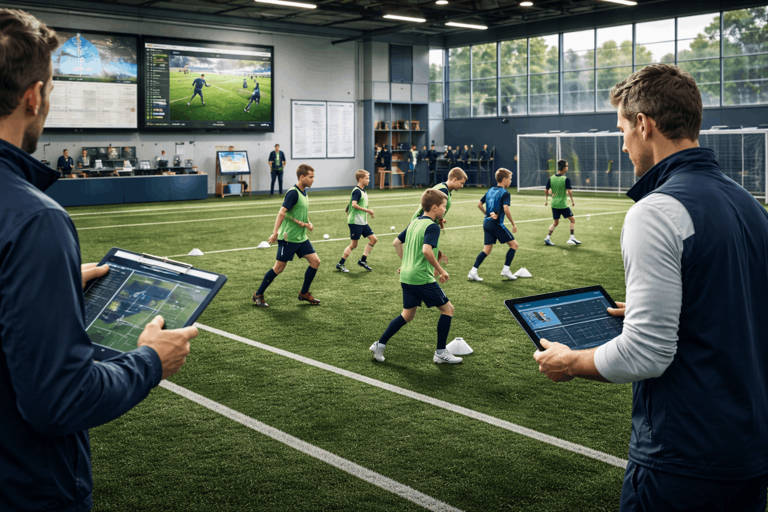 Football youth development environment showing academy coaching, player assessment, and strategic planning sessions