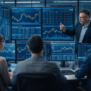 Students analysing currency charts in a forex trading course using professional trading screens