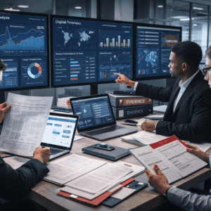 Investigators analysing financial records and digital evidence during fraud detection training in a professional UK setting.