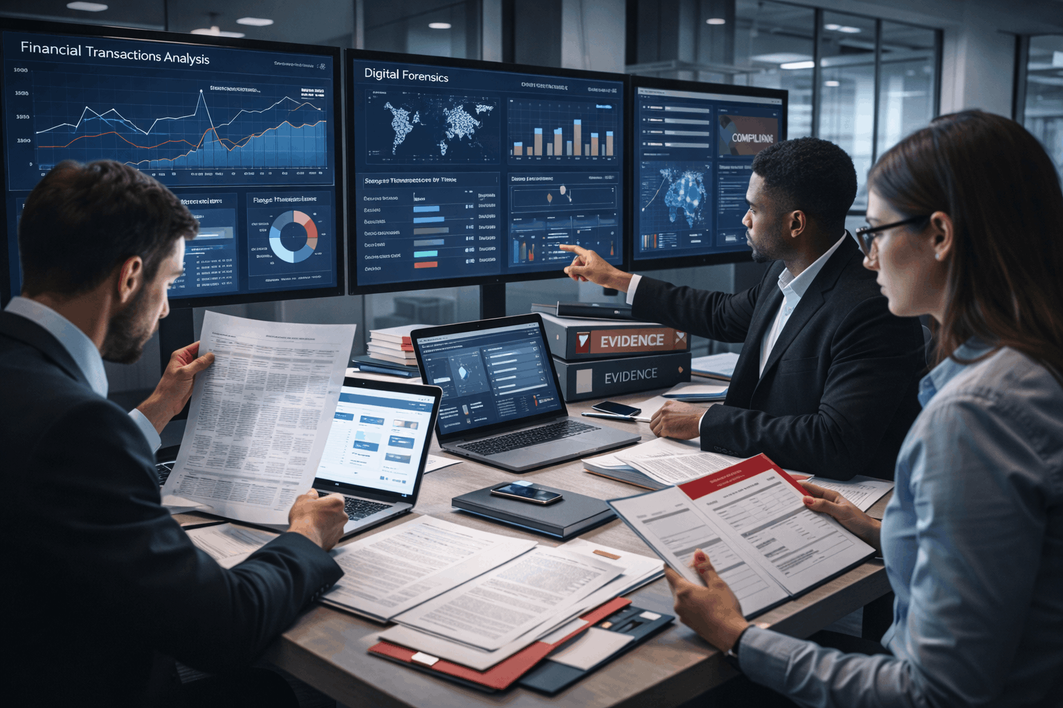 Investigators analysing financial records and digital evidence during fraud detection training in a professional UK setting.