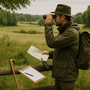 Gamekeeping Essentials course scene showing a UK countryside ranger inspecting wildlife habitats with tools and tracking gear.