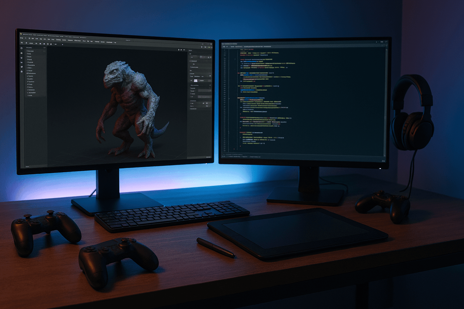 A modern gaming and development workspace featuring monitors, design tools, controllers, and coding screens for the Gaming Advanced Diploma Level 3.