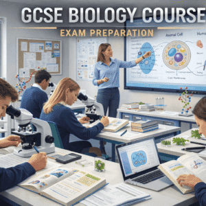 GCSE Biology Course students studying cells, genetics and ecology in a modern science classroom with microscopes