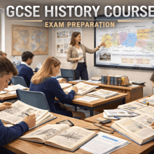 GCSE History Course students studying British and world history using maps, documents and textbooks in a modern classroom