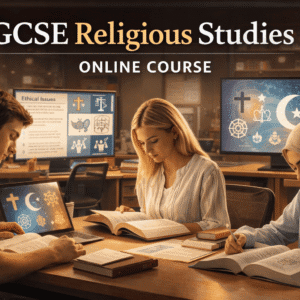 Students learning about world religions, ethics and beliefs in a GCSE Religious Studies online course using digital study resources