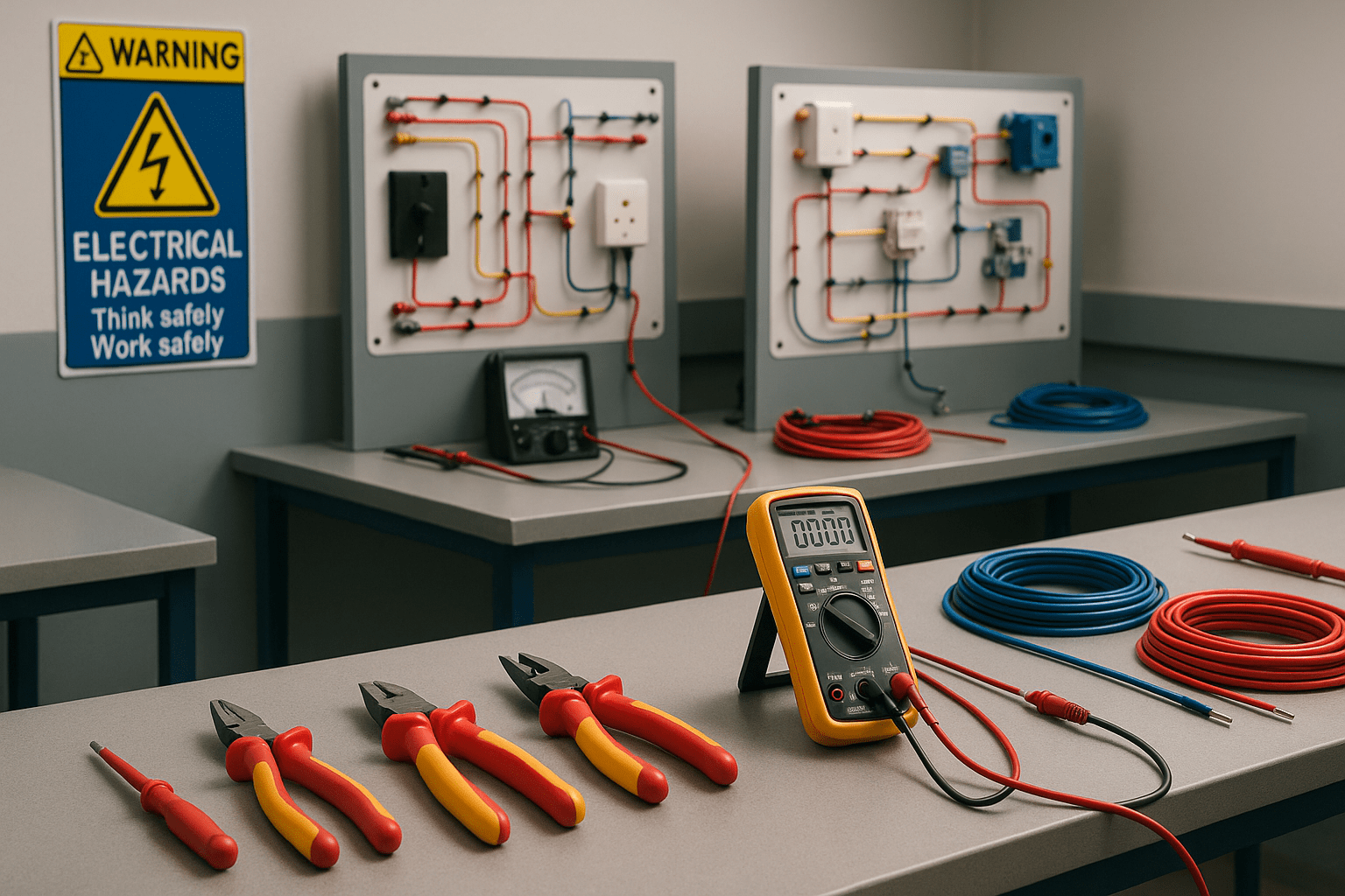 General Electrical Level 2 course image showing tools, wiring boards, meters, and safe training setup.
