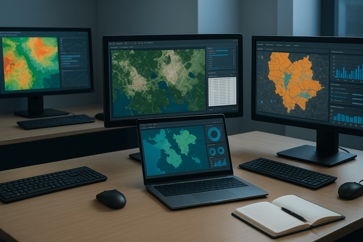 Geographic Information Systems Level 3 Diploma training scene with GIS maps, dashboards, and spatial tools.