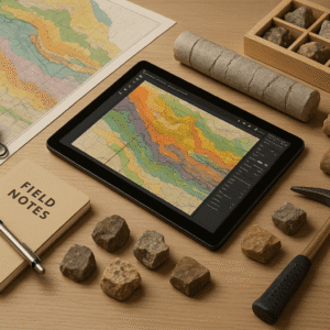 A modern geological engineering workspace with maps, tools, and rock samples for the Geological Engineering Level 3 Diploma.